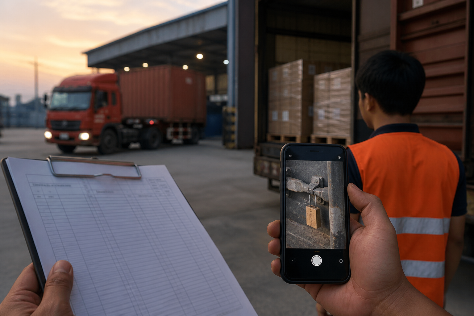 Bến container lúc giao nhận, phiếu ghi trên máy.